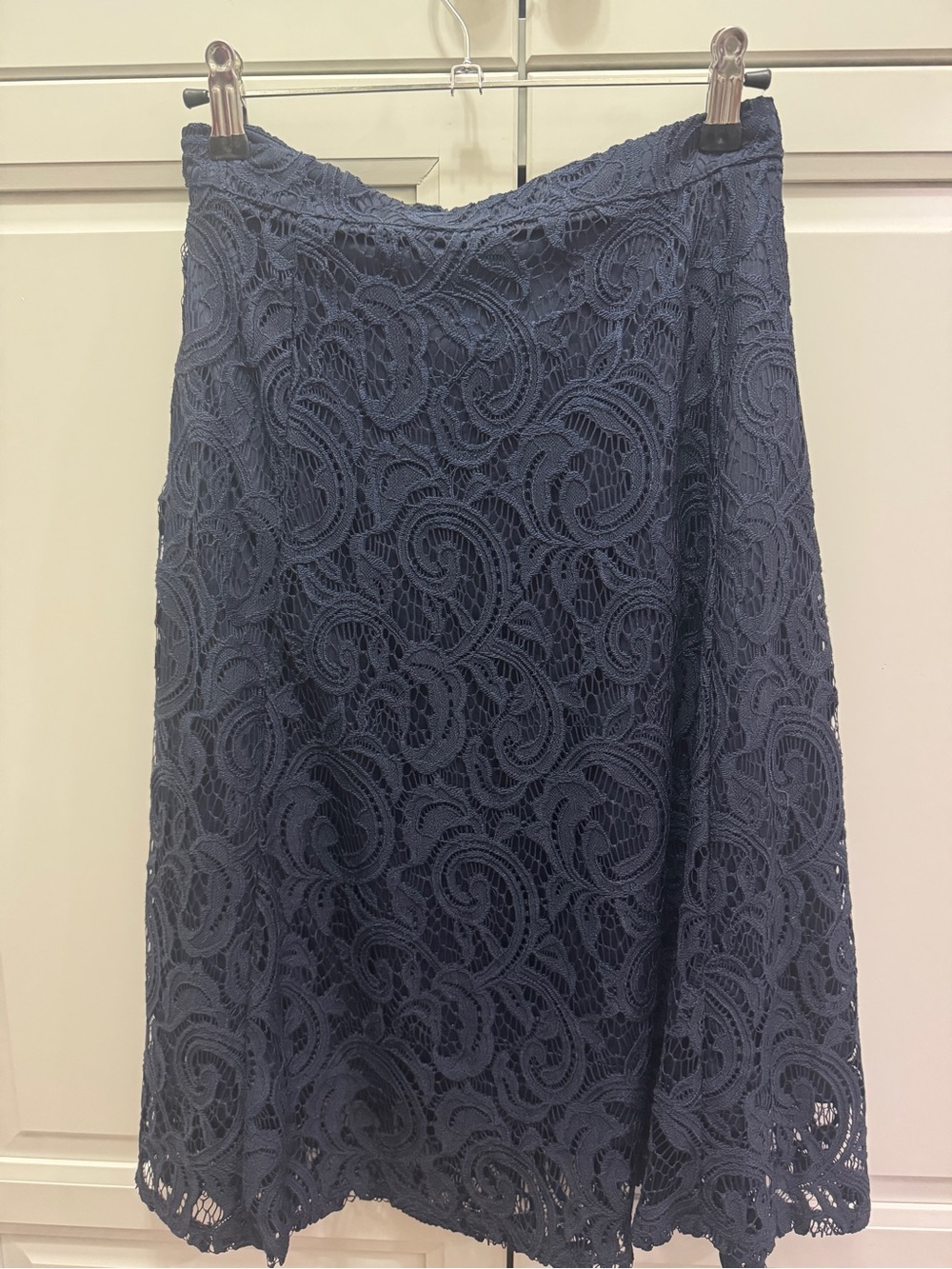 Adrianna Papell Navy Paisley Lace Skirt Medium Scalloped Hem